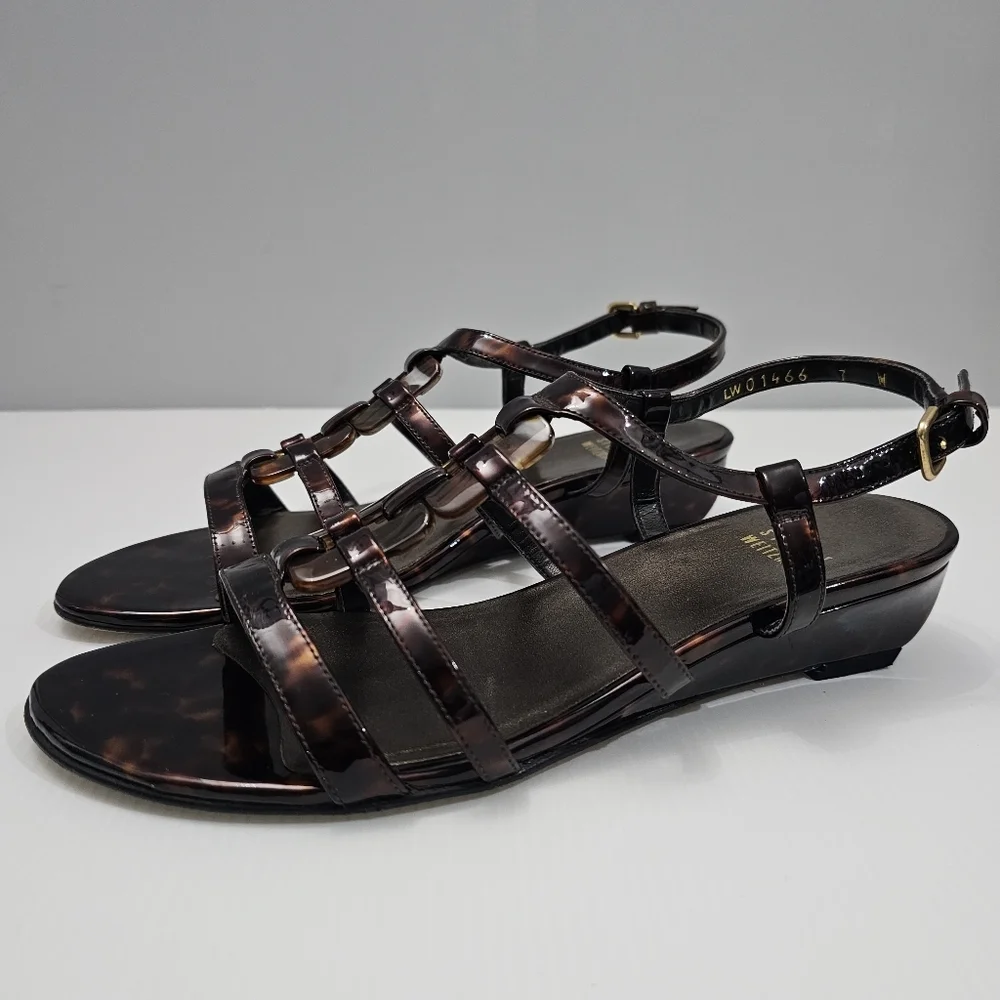 Stuart Weitzman Sandal Women 7 WIDE Tortoise Shell Brown Leather Strappy Wedge